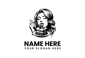 Captivating bold monochrome illustration of a woman enjoying dessert, a striking vector logo illustration for sweet treat brands