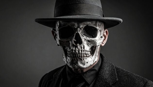 Person in black suit and fedora with skull face against dark textured background, evoking mystery and death. - Powered by Adobe