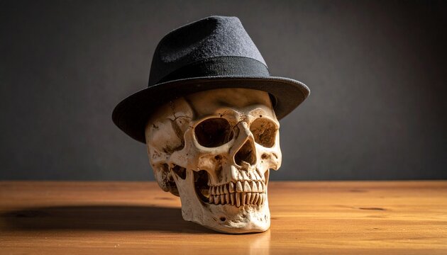 Person in black suit and fedora with skull face against dark textured background, evoking mystery and death.