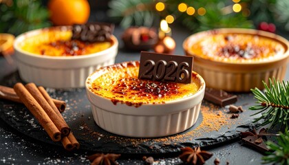 Festive crème brûlée with holiday decorations including pinecones, cinnamon, dried oranges, and a chocolate “2024” on dark slate.