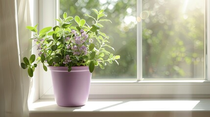 Delicate lilac pot with green houseplant on window in sunlight