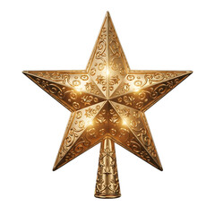 Fototapeta premium Ornate gold star christmas tree topper ornament isolated on transparent background