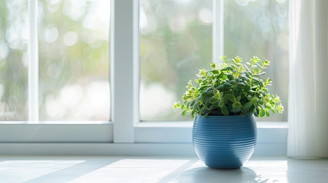 Blue pot with green houseplant on a window in soft natural light.