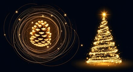 Glowing christmas pinecone and tree with golden light trails on black background