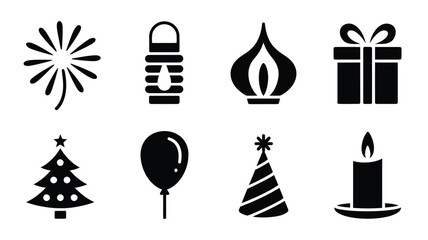 Set of festive celebration icons simple black glyph vector design perfect for holiday events and party invitations