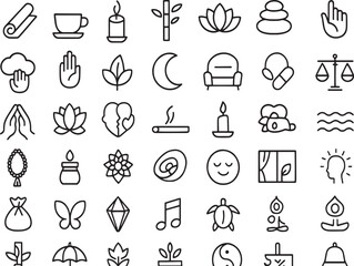 Set of wellness and meditation icons: yoga, lotus, candle, balance, nature Vector