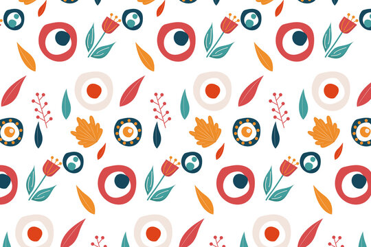 A playful, seamless pattern featuring abstract flowers, leaves, and geometric circles in a vibrant autumn palette. Ideal for textiles, wrapping paper, or digital backgrounds.