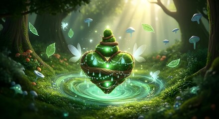 Mystical green potion bottle floating above a magical forest pool