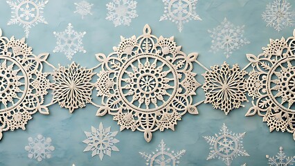 Intricate white lace snowflake garland on a soft blue background
