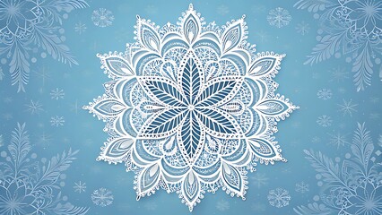 Intricate white snowflake mandala design on a soft blue winter background