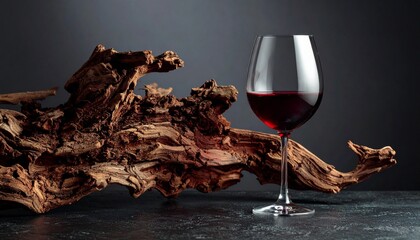 Glass of red wine beside twisted grapevine wood on dark textured background, symbolizing viticulture and winemaking.