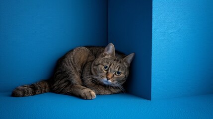 Nervous cat cautiously peeking from a corner against a blue backdrop with ample copy space