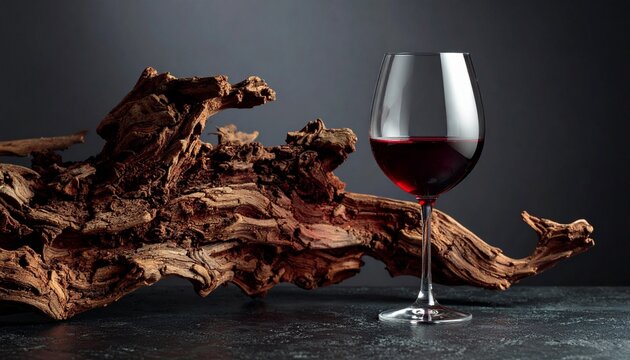 Glass of red wine beside twisted grapevine wood on dark textured background, symbolizing viticulture and winemaking.