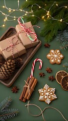 Festive christmas gifts and treats with pine cones and lights