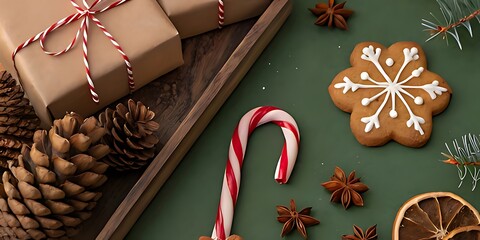 Festive christmas flat lay with gingerbread cookies and gifts