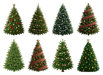 PNG Festive decorated Christmas trees variety, element set on transparent background