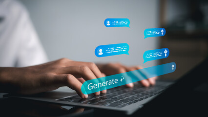 Hands Typing on Laptop with AI Chatbot Messages and Generative AI Interface