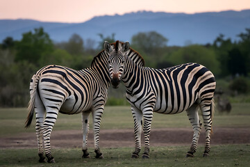 Plains Zebras (Equus quagga) Roaming the Park at Evening Light