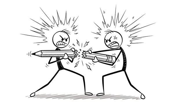 Cartoon stick figures fighting with pencils, concept of creative conflict.