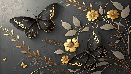 Elegant black butterflies and golden flowers on a dark textured background