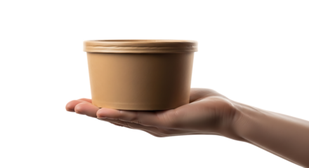Female hand holding a brown paper bowl isolated on transparent background