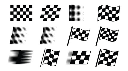 Set of checkered flag illustrations racing finish line symbols in various styles vector design element isolated on white background