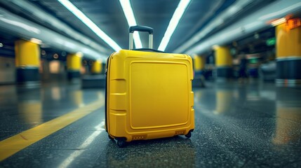Abandoned yellow suitcase at airport terminal highlights lost travel items and vacation adventures