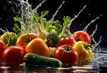 Fresh healthy vegetables with water. Generative AI.