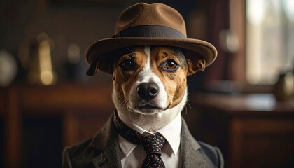 Dog in suit, tie, and fedora posed formally against dark background, blending humor and elegance.