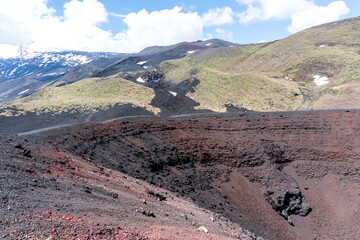 volcanic crater on Mount Etna in Sicily on a sunny day