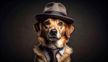 Dog in suit, tie, and fedora posed formally against dark background, blending humor and elegance.