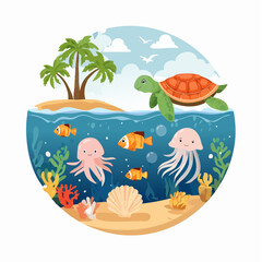 Fototapeta premium Tropical aquarium with colorful fish, sand, and water under the summer sun illustration vector set