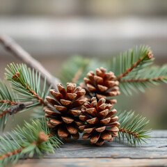Fototapeta premium Isolated natural pine cones on a green evergreen branch for Christmas tree decoration and winter holiday season