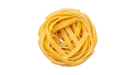 Nest of uncooked fettuccine pasta—light yellow, flat, ribbon-like strands coiled into a circular shape, ideal for culinary or packaging reference