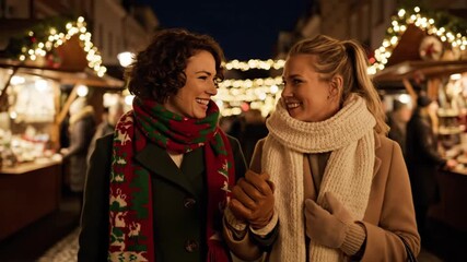 Happy lesbian couple holding hands and smiling lovingly at each other while walking through illuminated Christmas market at night symbolizing lgbtq romance love and holiday joy