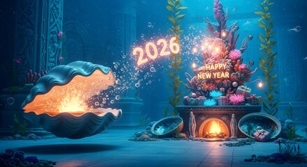 Underwater new year celebration with fireworks and a christmas tree for 2026