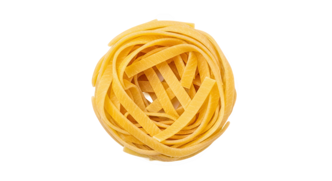 Nest of uncooked fettuccine pasta—light yellow, flat, ribbon-like strands coiled into a circular shape, ideal for culinary or packaging reference