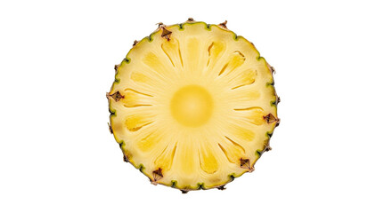 Circular slice of pineapple with bright yellow flesh, fibrous radial texture, and greenish outer edge—fresh, tropical, and ideal for culinary or botanical reference