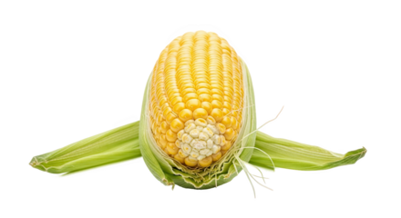 Ear of corn with bright yellow kernels and green husk partially peeled—fresh, vibrant, and ideal for culinary, botanical, or agricultural reference