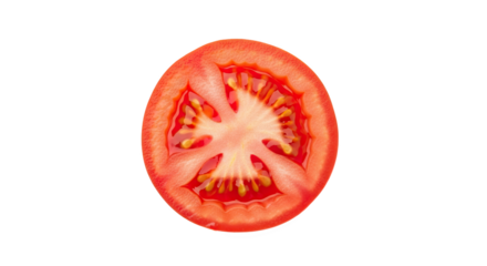 Tomato slice showing radial seed compartments, central core, and vibrant red flesh—fresh, detailed, and ideal for culinary, botanical, or educational reference