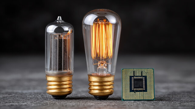 Nostalgic comparison of technology evolution showing glowing light bulb, vacuum tube, and microprocessor chip. concept of innovation, progress, and history on dark background