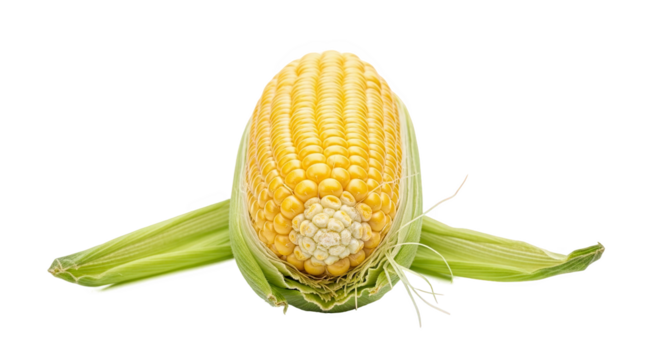 Ear of corn with bright yellow kernels and green husk partially peeled—fresh, vibrant, and ideal for culinary, botanical, or agricultural reference