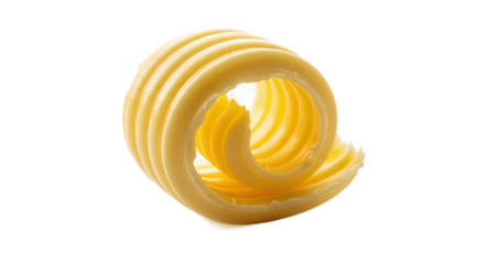 Butter curl with spiral shape, ridged texture, and glossy yellow surface—elegant, fresh, and ideal for culinary, decorative, or food styling reference