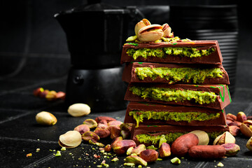 Pistachio Kunafa Chocolate Bar. Dubai Chocolate with pistachio nuts. Side view.