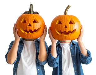 Pair of kids playfully hiding their faces behind intricately carved Halloween pumpkins, enjoying festive autumn celebrations, isolated on a transparent background, PNG 