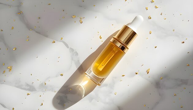 Luxury Beauty Serum Flat Lay with Gold Accents on White Marble Copy Space