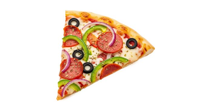 Single slice of pizza with golden crust, melted cheese, pepperoni, olives, bell peppers, onions, and herbs—fresh, colorful, and ideal for culinary or visual reference