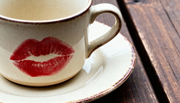 Mug on saucer with lipstick stain in soft daylight, detailed quiet mood, photorealistic style - Powered by Adobe