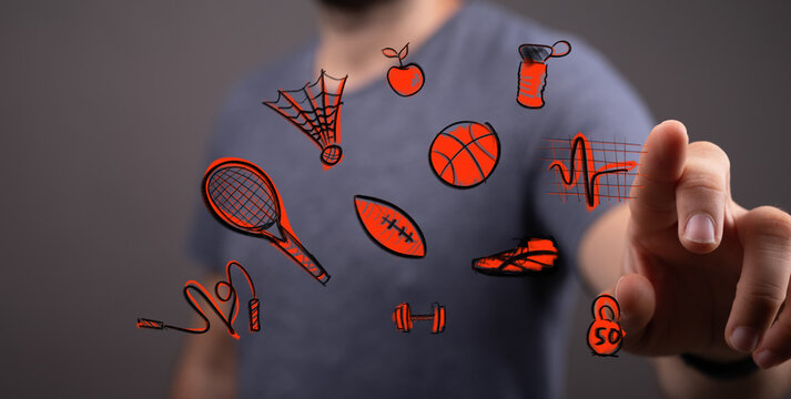 Hand interacting with a virtual interface showcasing digital sports, fitness, and healthy lifestyle icons. A modern concept for wellness, techno