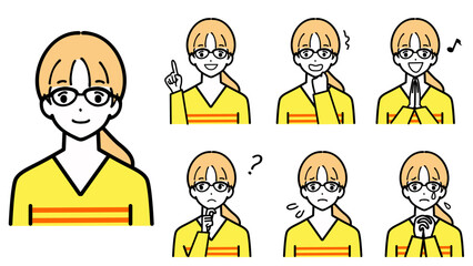 眼鏡をかけた若い女性の上半身の表情セット